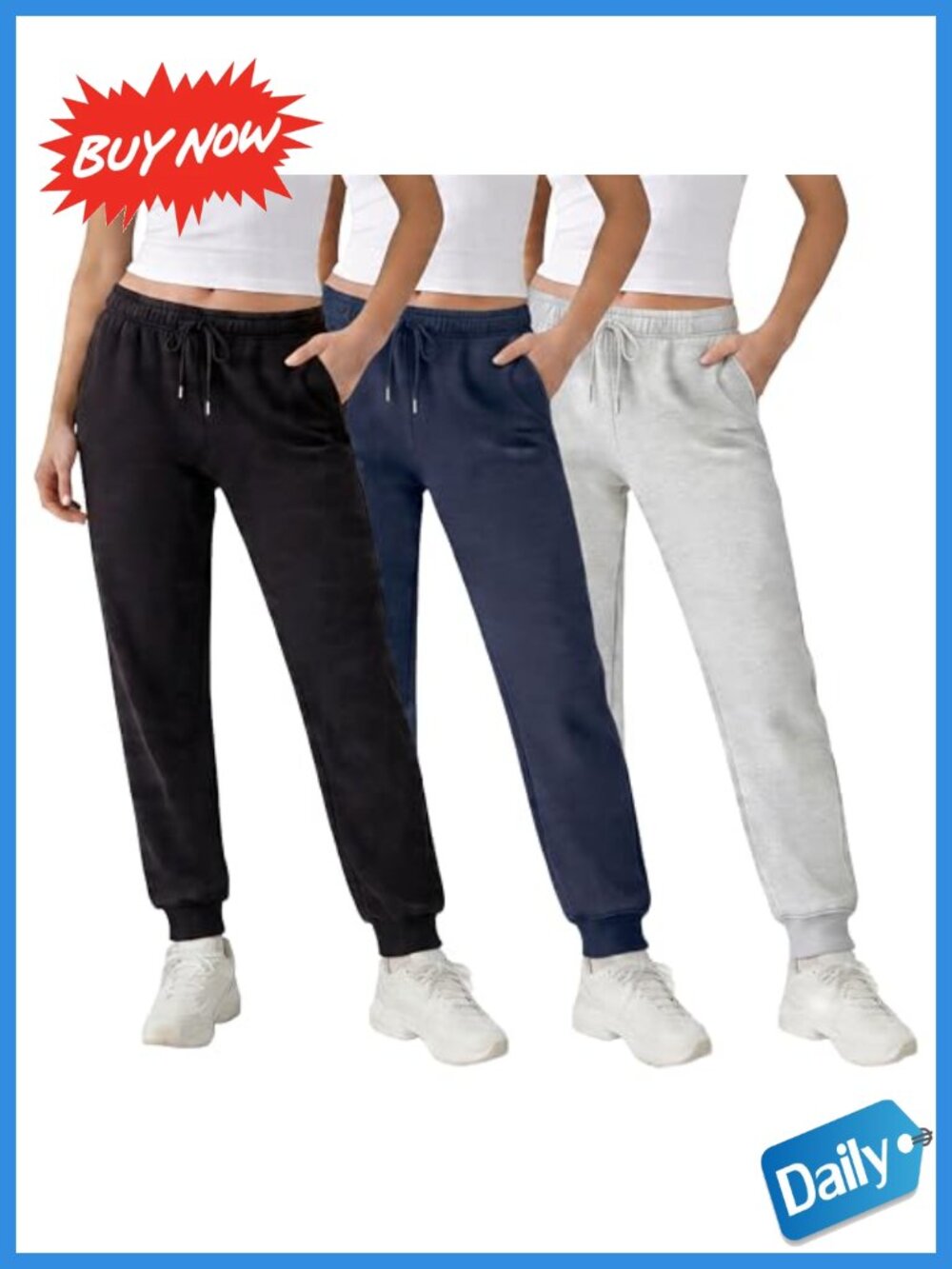 3 Pack Fleece Joggers Slim Fit Tapered Leg Deep Pockets Womens Sweatpants